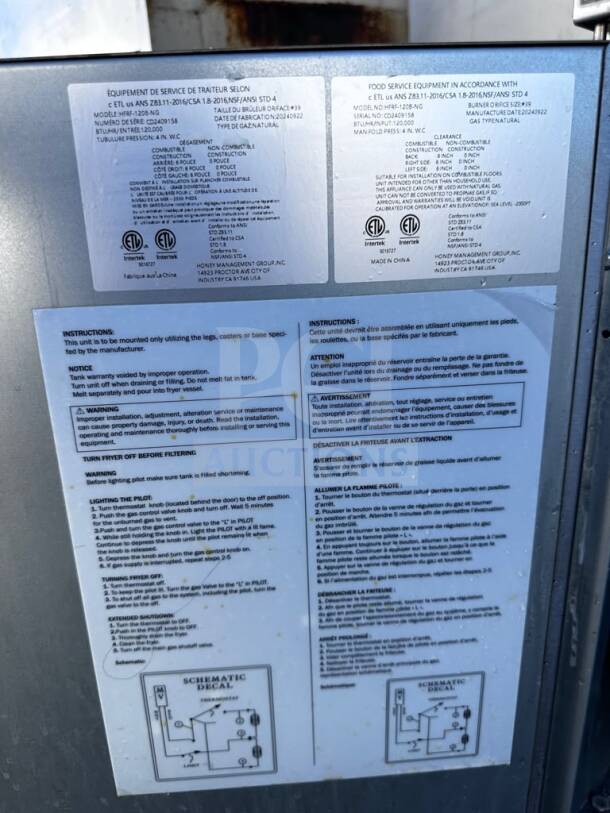 Cooler Depot HFRF-120B-NG fryer labels show ETL & NSF certifications, instructions, and specifications in English and French.