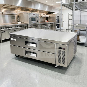 Cooler Depot CB60 60" commercial two-drawer refrigerated chef base, heavy-duty stainless steel, NSF-compliant, fully tested.