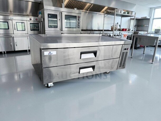 Optimal condition Cooler Depot CB60, 60" refrigerated chef base with two drawers, stainless steel top, NSF-compliant, 115V.