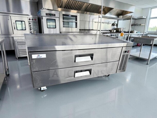 Cooler Depot CB60, 60" commercial two-drawer refrigerated chef base, heavy-duty stainless steel, NSF-compliant, optimal condition.
