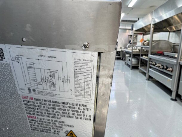 Cooler Depot CB60 chef base with stainless steel top, showing technical diagram and NSF compliance label. Fully tested.