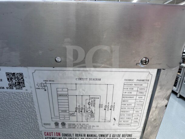 Cooler Depot CB60 commercial chef base, stainless steel, circuit diagram label, NSF-compliant, model details visible.