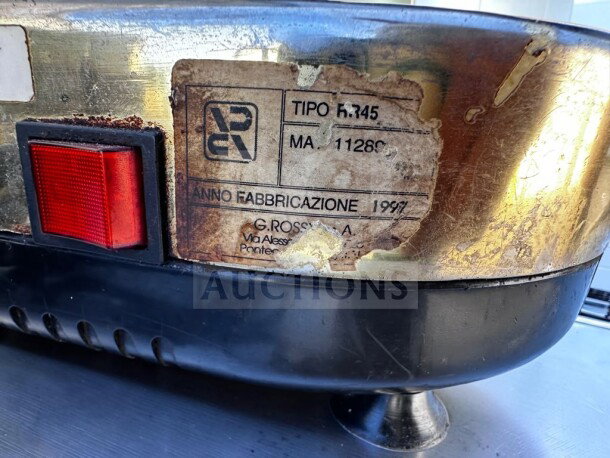 Gino Rossi R.45 commercial espresso grinder, Italy-made, 64 mm flat burrs, shows label with model and production year, 1997.