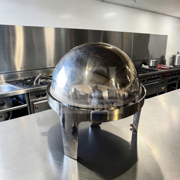 Stainless steel round roll-top chafing dish with elevated stand, premium condition, inspected, ready for service.