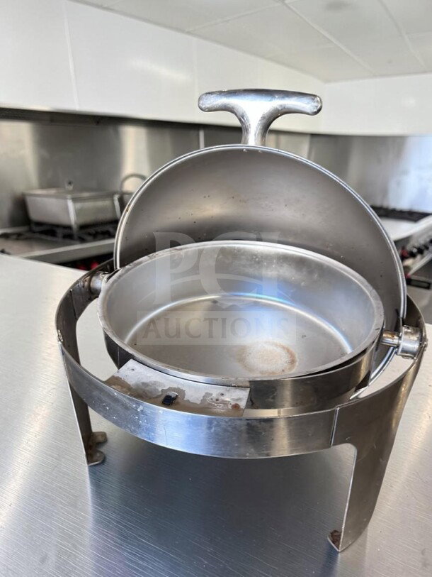 Stainless steel round roll-top chafing dish, removable pan, elevated stand, premium condition, fully inspected, unbranded.
