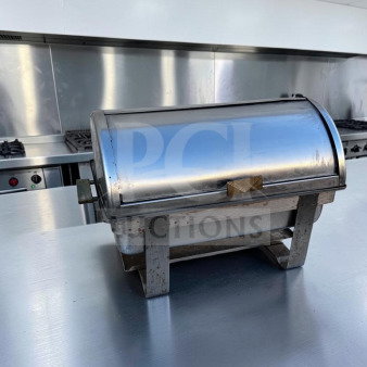 Superb condition 8 qt. stainless steel roll-top chafing dish, rectangular, unbranded, with removable food pan on metal legs.