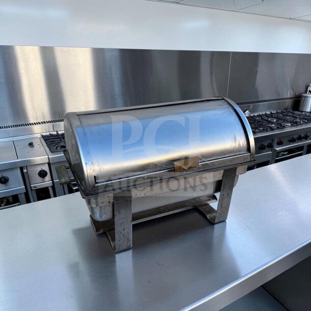 Stainless steel roll-top chafing dish, 8 qt., superb condition, removable pan, fully inspected, ready for service.