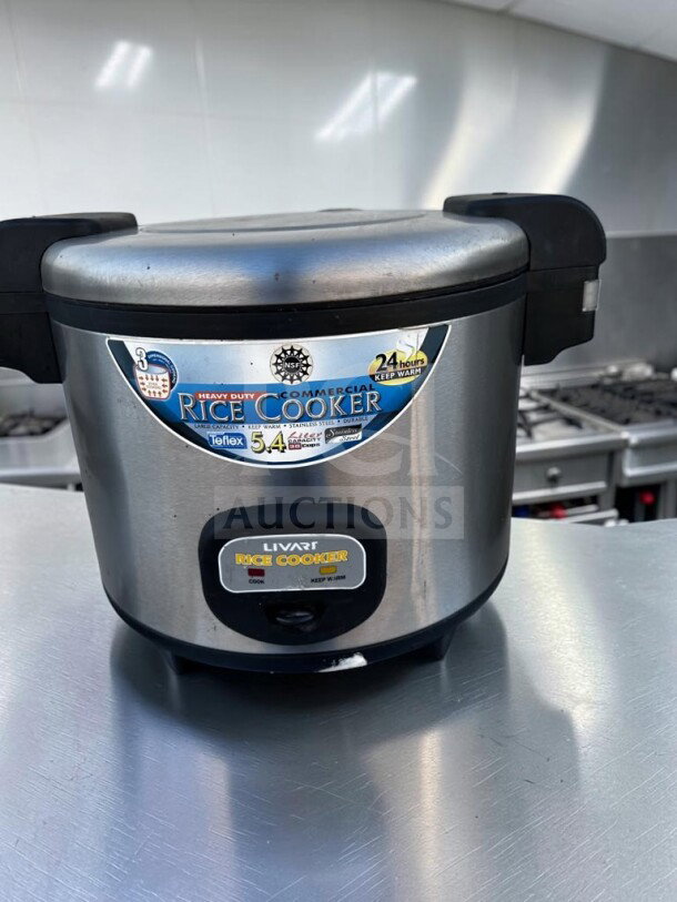 Livart L-350 Rice Cooker, 28-cup capacity, stainless steel, fully tested, high-grade condition, visible labels indicating features.