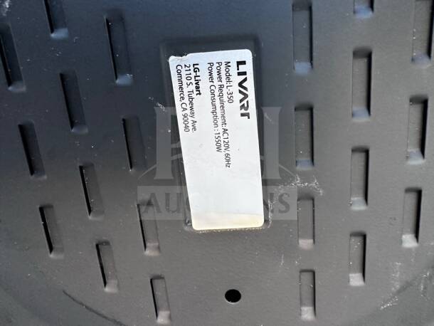 Livart L-350 rice cooker label; model, power 1550W, 120V, made by LG-Livart, showing commercial address in Commerce, CA.