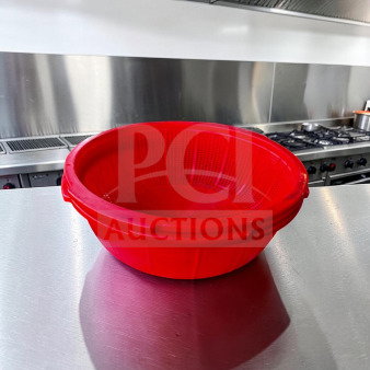 Red 20" plastic colander basket in pristine condition with integrated handles, ideal for large-capacity straining.