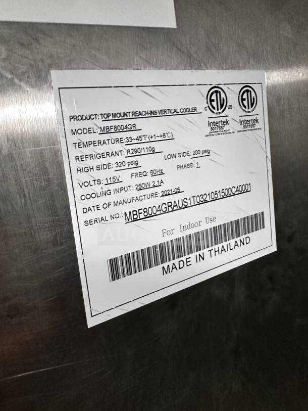 Atosa MBF8004GR commercial refrigerator, 28.7" one-door, 21.4 Cu. Ft., ENERGY STAR®, ETL, NSF listed. Made in Thailand.