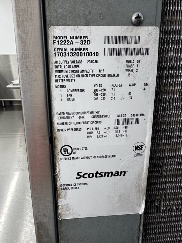 Scotsman F1222A-32D Prodigy ice machine label; details power specs, UL & NSF listed, 208/230V, serial 17031320010040.
