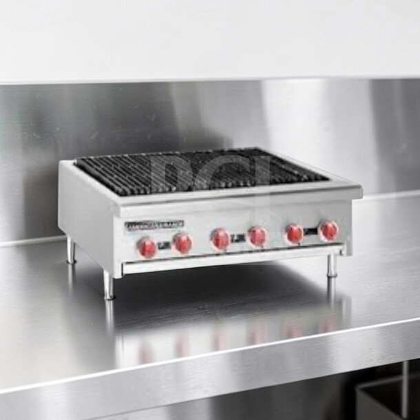American Range 48" Radiant Gas Charbroiler, six burners, cast-iron grates, stainless steel, fully tested, excellent condition.