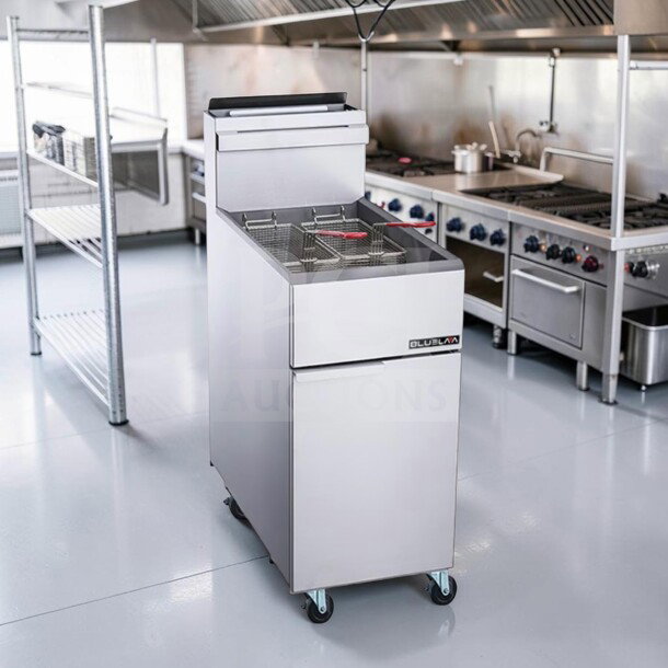 Blue Lava BLF3-NG 40 lb. natural gas floor fryer, three tube burners, 90,000 BTU, CSA certified, top-tier condition.