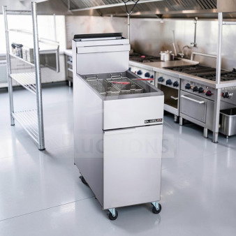 Blue Lava BLF3-NG 40 lb. natural gas floor fryer, three tube burners, 90,000 BTU, CSA certified, top-tier condition.