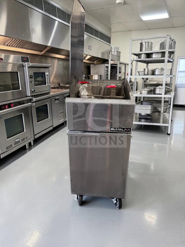 Blue Lava BLF3-NG 40 lb. natural gas fryer, stainless steel, 3 burners, 90,000 BTU, CSA certified, excellent condition.