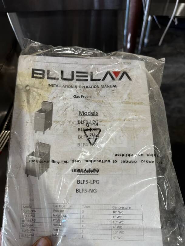 Blue Lava BLF3-NG fryer manual, features three tube burners, 90,000 BTU, CSA certified, commercial use, operational condition.