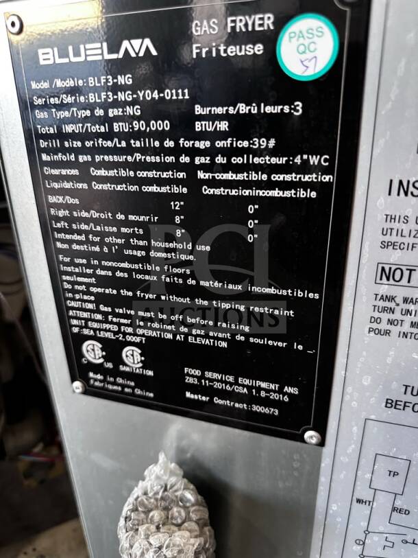 Blue Lava BLF3-NG gas fryer label showing model, series, BTU, and CSA certification. Features include 90,000 BTU and 3 burners.