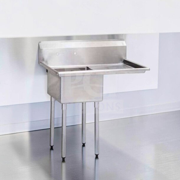 Commercial one-compartment sink, Green World by Turbo Air TSA-1-12-R1, 39" with 18"x18"x12" bowl, 18" right drainboard. NSF certified.