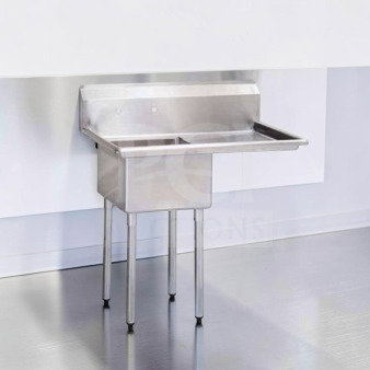 Commercial one-compartment sink, Green World by Turbo Air TSA-1-12-R1, 39" with 18"x18"x12" bowl, 18" right drainboard. NSF certified.