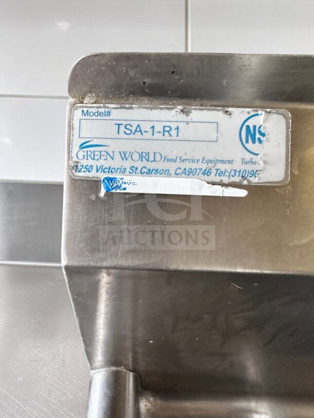 "Green World by Turbo Air TSA-1-12-R1 commercial sink model tag, showing NSF certification and contact details."