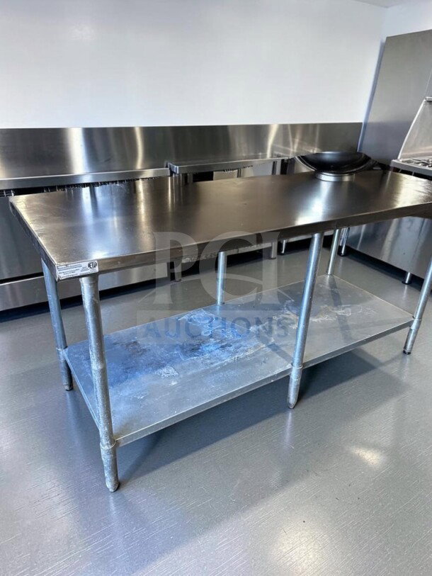 Atlanta Culinary 72" stainless steel work table, adjustable undershelf, galvanized legs, ETL and NSF compliant, inspected.