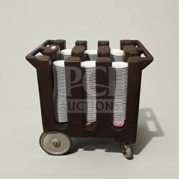 Like-new commercial mobile dish and plate dispensing cart, heavy-duty, with multiple stacks, ready for service.