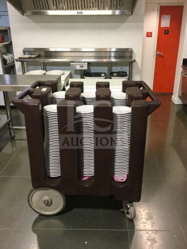 Like-new commercial mobile dish & plate dispensing cart, heavy-duty, GEN-M-CART-0191. Brown, with sturdy wheels.