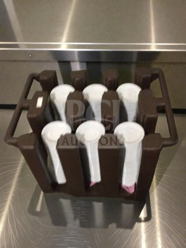 Like-new commercial mobile dish and plate dispensing cart, heavy-duty frame, brown color, GEN-M-CART-0191 model.