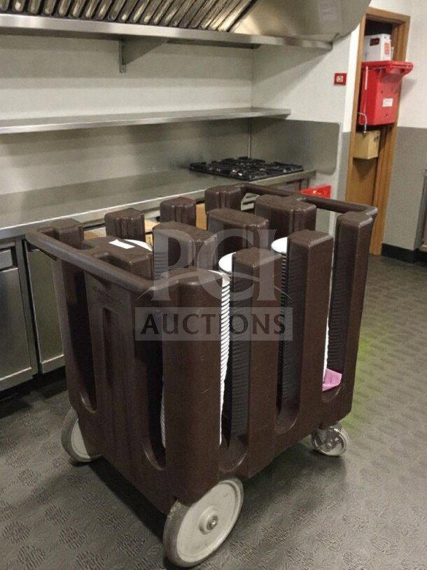 Commercial mobile dish and plate dispensing cart in like-new condition, heavy-duty build, with multiple slots and large wheels.