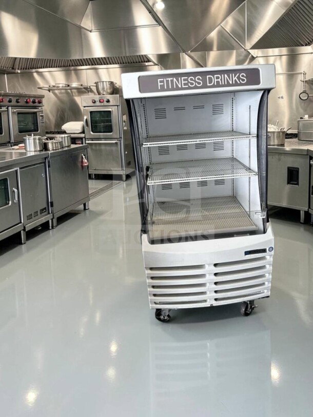 Beverage-Air BZ13-1-W open display case, 3-tier, 30" wide, exceptional condition, "Fitness Drinks" label, fully tested.