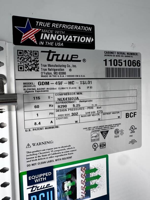 True GDM-49F-HC~TSL01 two-glass-door merchandiser freezer label, serial 11051066, ENERGY STAR®, R290 refrigerant.