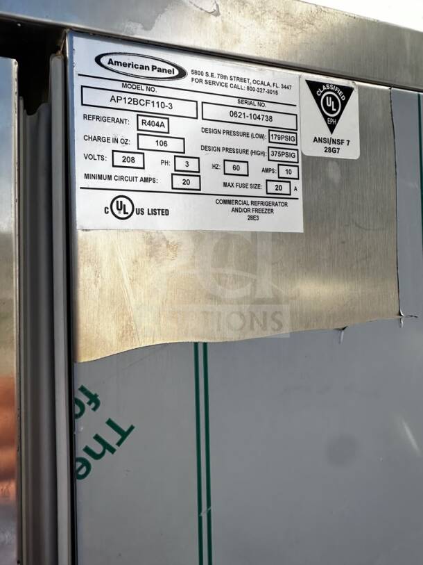American Panel AP12BCF110-3 HURRiCHiLL™ blast chiller, 24-pan capacity, stainless steel, label showing UL & NSF certifications.