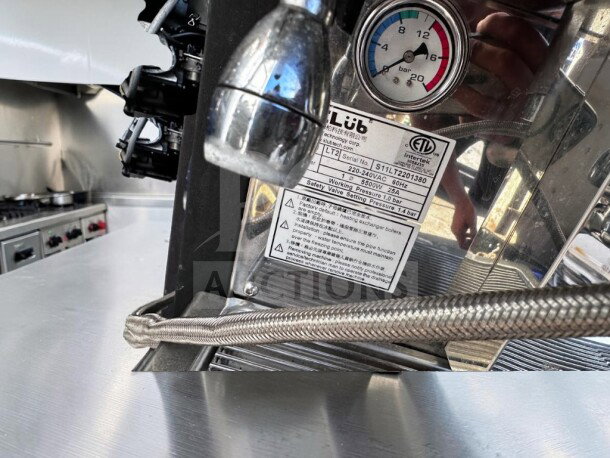 KLüb LT2 Commercial Teapresso Machine, dual 6-liter boilers, 220-240V, 5,500W, ETL listed, fully tested, serial number visible.