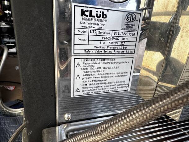 KLüb LT2 commercial teapresso machine, dual 6-liter boilers, 220-240V, 5,500W, ETL listed, fully tested, serial S11LT2201380.