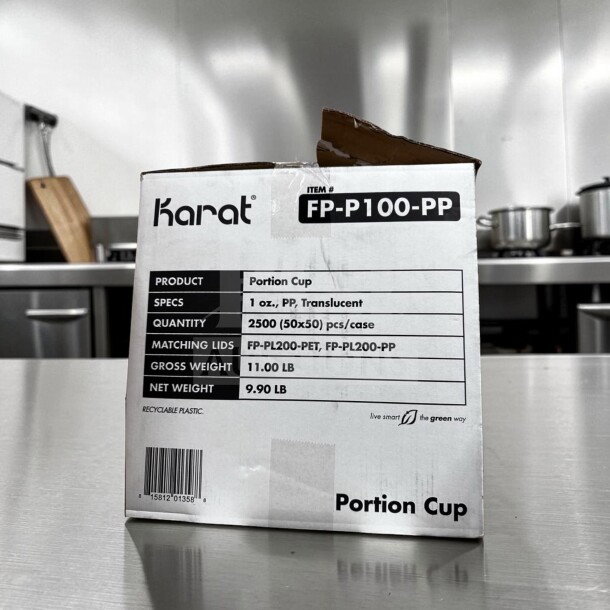 Karat FP-P100-PP 1 oz. clear polypropylene portion cups, 2,500 per case, recyclable, open box, new condition.