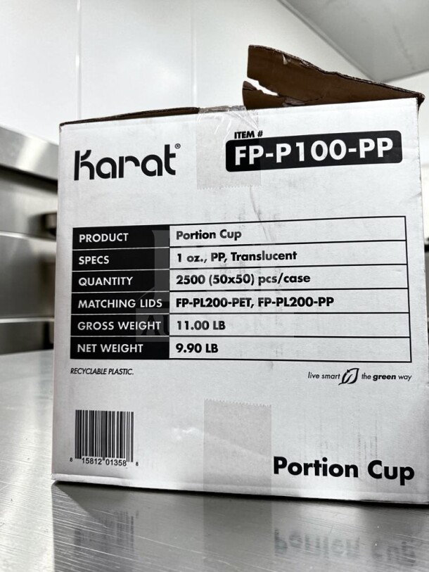 Karat FP-P100-PP 1 oz. clear squat polypropylene portion cups, 2,500 per case, pristine condition, recyclable, new/open case.