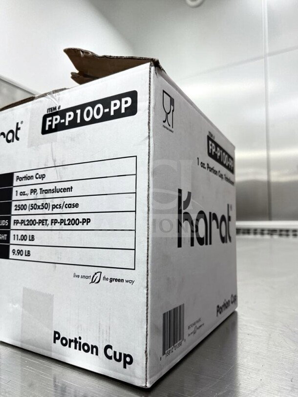 Karat FP-P100-PP 1 oz. clear polypropylene portion cups, box of 2,500, pristine condition, recyclable, model KAR-S-CUP-1286.