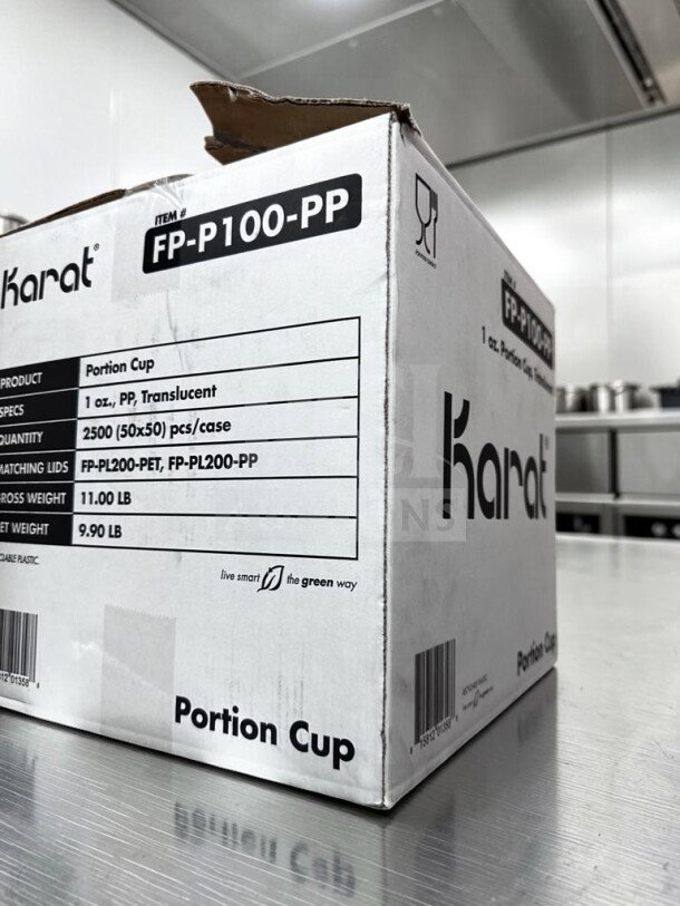 Karat FP-P100-PP portion cups case, 2,500 count, 1 oz. clear polypropylene, recyclable, pristine condition, open box.