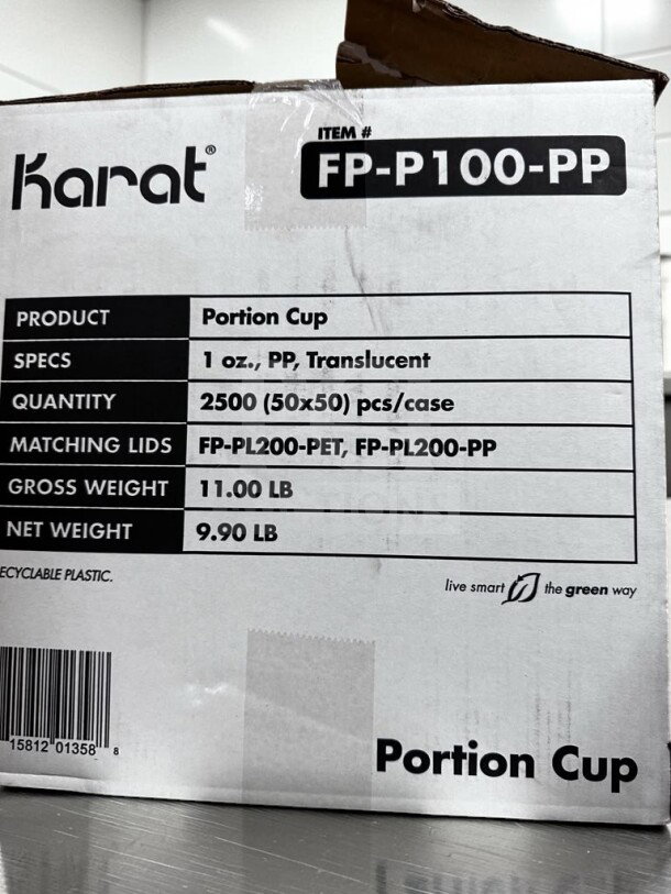 Karat FP-P100-PP 1 oz. clear polypropylene portion cups, 2,500 per case, recyclable, new/open case. Model: KAR-S-CUP-1286.