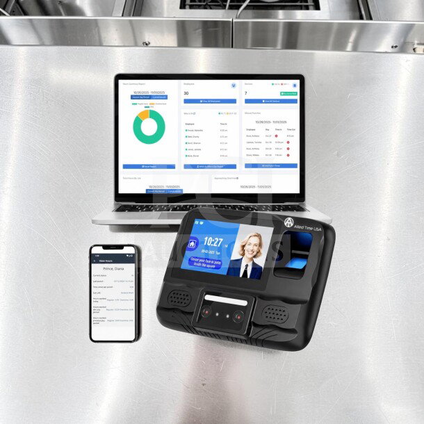 Allied Time USA CB4000 biometric time clock system, new/open box, features face, palm, fingerprint, PIN, RFID, Wi-Fi/LAN.