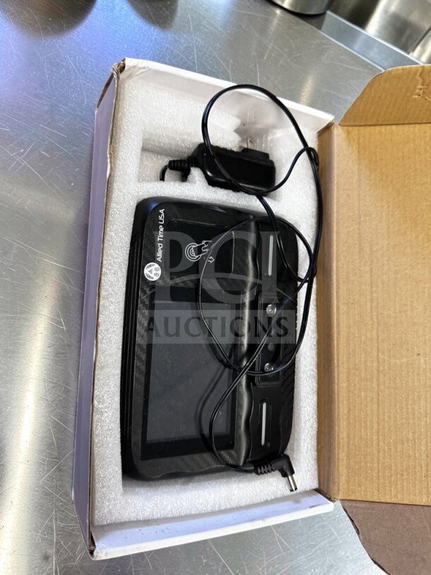 Allied Time USA CB4000 biometric time clock in open box, featuring face, palm, fingerprint, PIN, RFID, Wi-Fi/LAN connectivity.