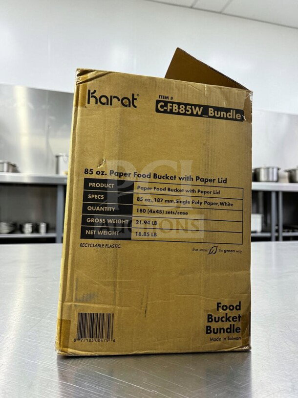 Karat Packaging 85 oz. white paper food buckets with lids, model C-FB85W_Bundle, 180 sets, new/open case.