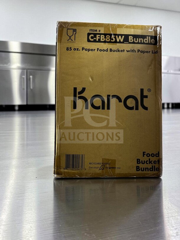 Karat C-FB85W_Bundle, 85 oz. white paper food buckets with lids, 180 sets, new/open case, box labeled "Food Bucket Bundle".