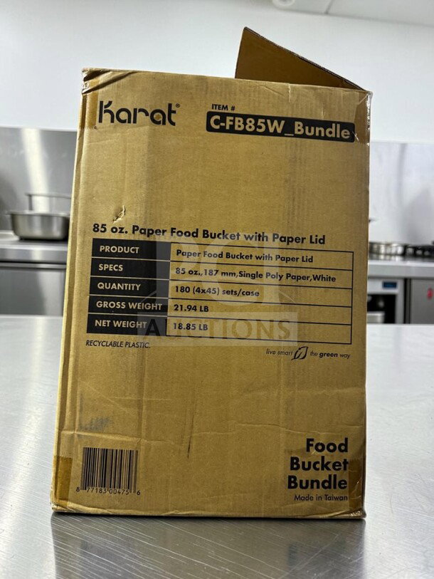 Karat C-FB85W_Bundle, 85 oz white paper food buckets, 180 sets, new/open case, barcode visible, made in Taiwan.