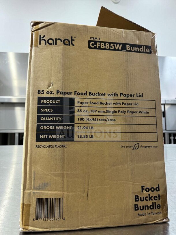 Karat Packaging 85 oz. white paper food buckets with lids, model C-FB85W_Bundle, 180 sets per case, new/open box.