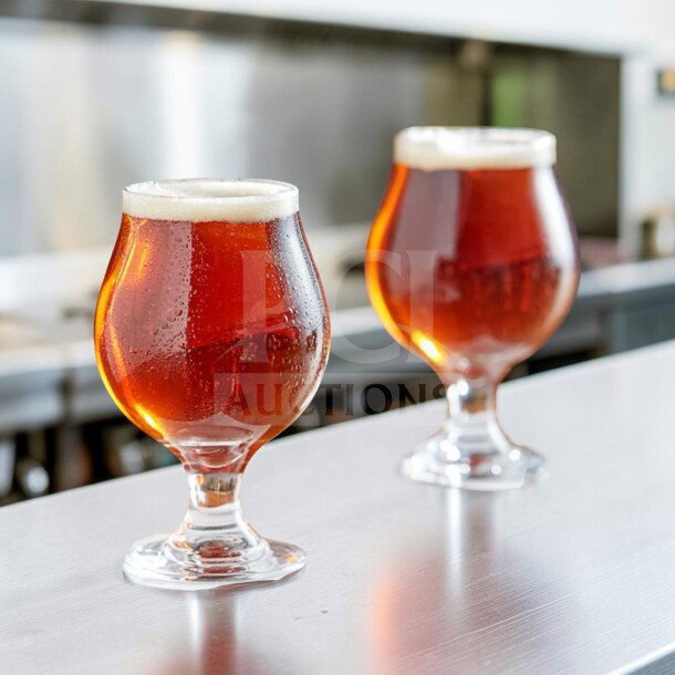 Libbey 3808 16 oz. Belgian beer glasses, clear stem, new condition, customizable, dishwasher safe, set of 36.