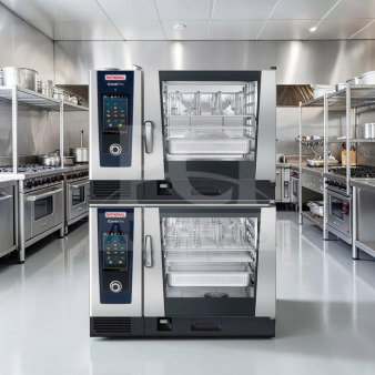 Immaculate Condition – Quantity 2 Rational iCombi Pro 6-Full Size Electric Combi Ovens – Double-Deck Combi-Duo System with Low Stand – 12 Full-Size Sheet Pan Total Capacity – 208/240V, 3 Phase – 45 kW Combined – New! (RAT-L-CBO-1295)