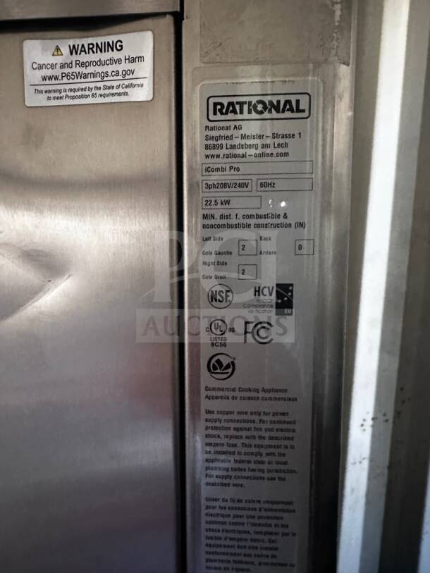 Alt text: Close-up of Rational iCombi Pro 6 electric combi oven label showing specifications, model CC1ERRA.0000218, 22.5 kW, NSF certified.