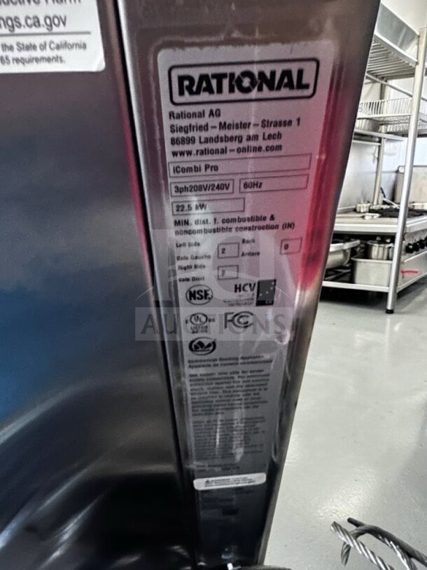Rational iCombi Pro oven label showing model CC1ERRA.0000218, 22.5 kW, 208/240V, NSF and FCC certifications.